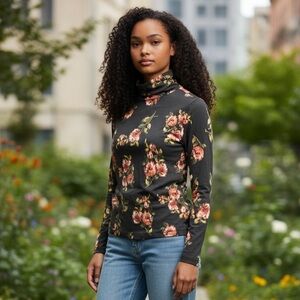 LOFT Black Floral Long Sleeve Turtleneck Top